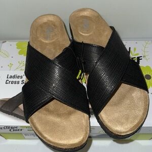 WESTERN CHIEF Black Metallic Criss Cross Sandals w Cork & Footbed Women’s 10